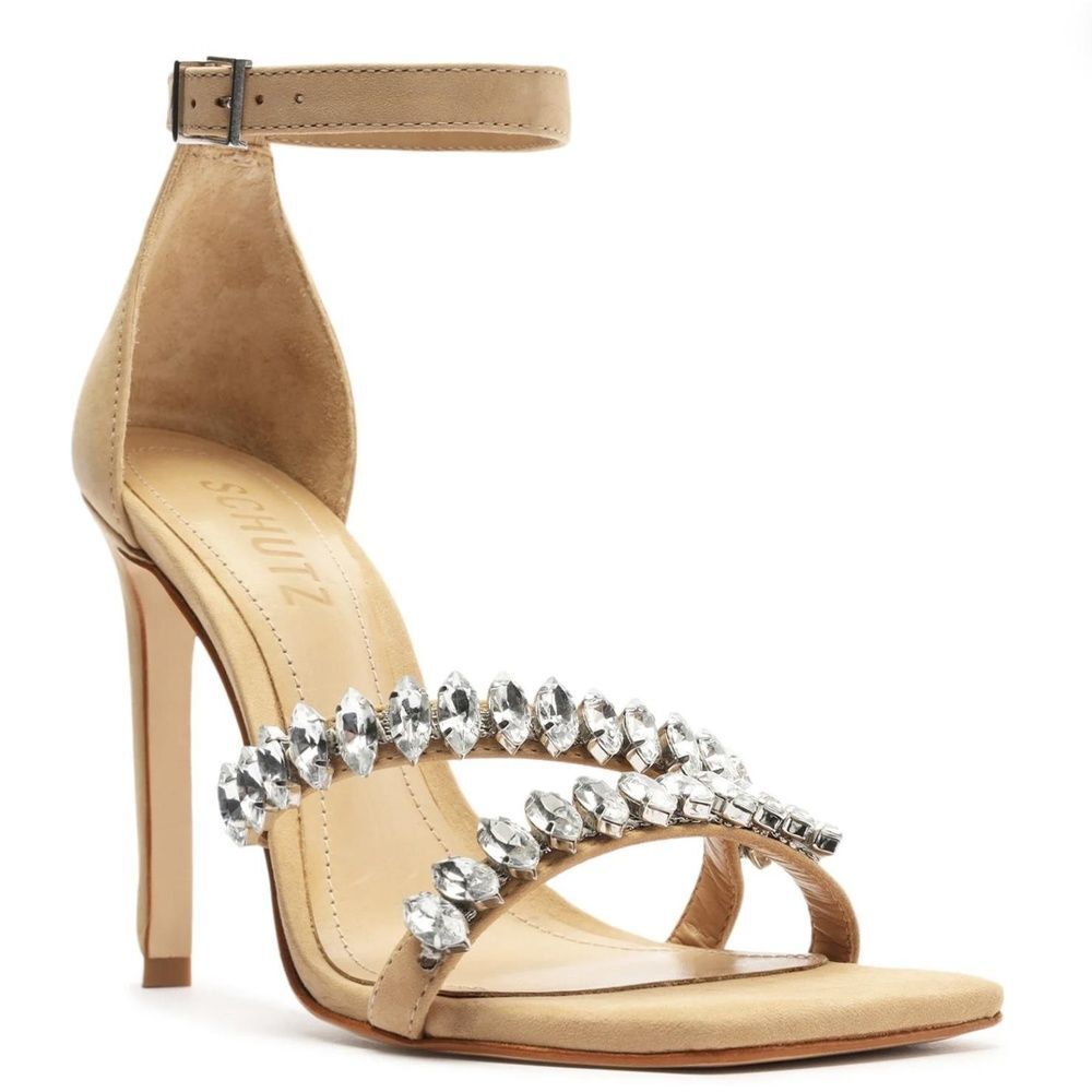 Schutz Stiletto Sandals 10 Crystal Minimalist Bling Chic Wedding Sexy Tan Linsey